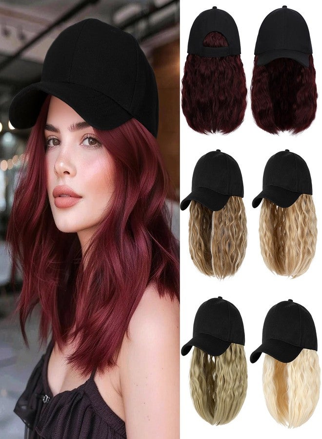 Lansigreen Baseball Cap with Hair Extensions Hat Wig Adjustable Hat Attached Curly Wave 14" Synthetic Hairpiece for Women Grape Red - Image 1